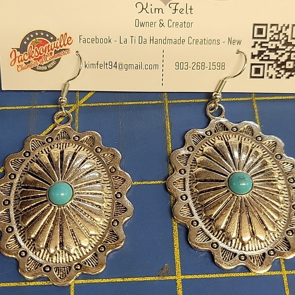Silver Tone Turquoise Faux 2"  Earrings